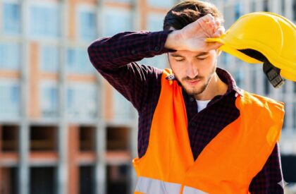 Calor excessivo no trabalho: homem branco uniformizado demonstrando sensação de calor segurando um capacete em um ambiente externo de trabalho