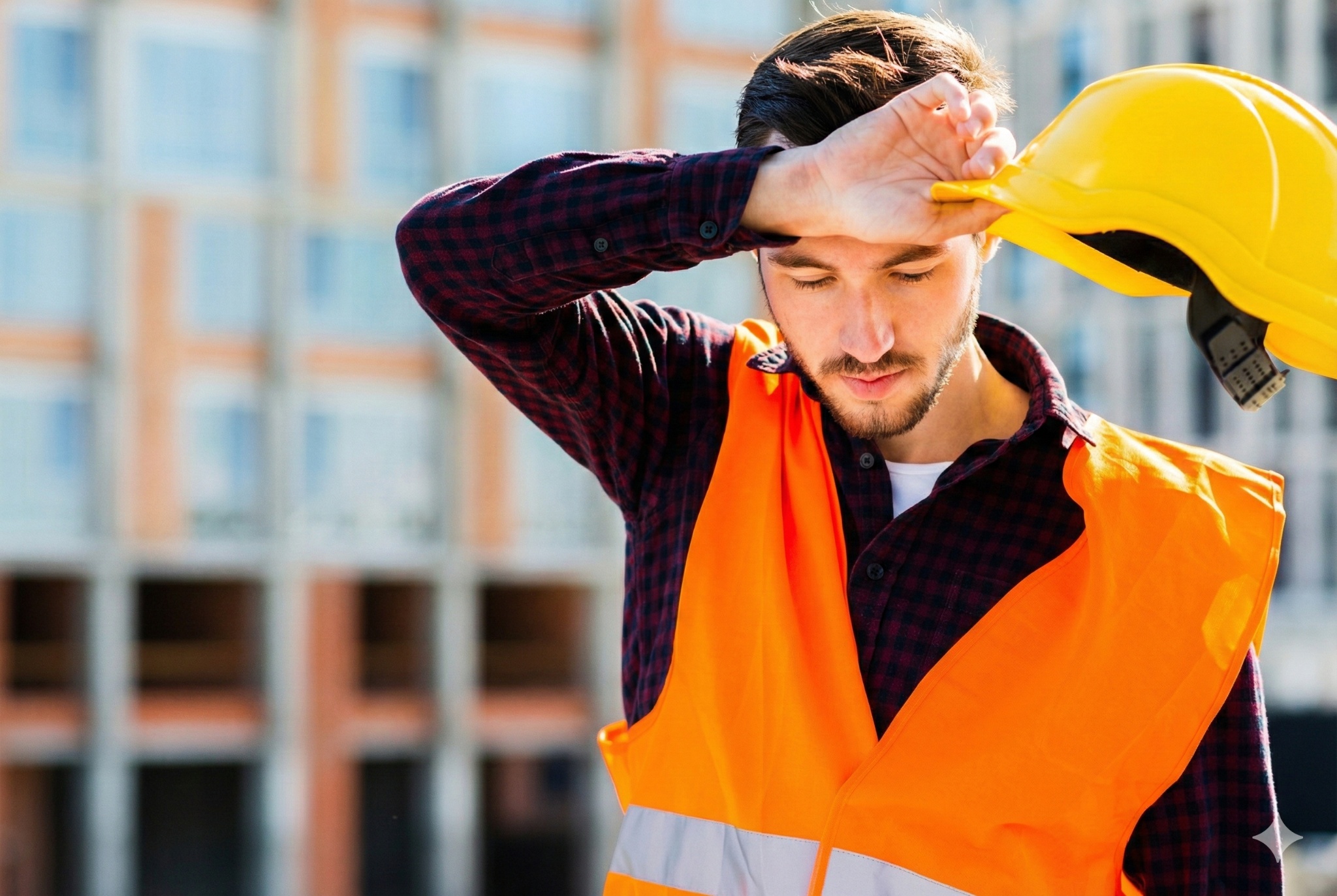 Calor excessivo no trabalho: homem branco uniformizado demonstrando sensação de calor segurando um capacete em um ambiente externo de trabalho